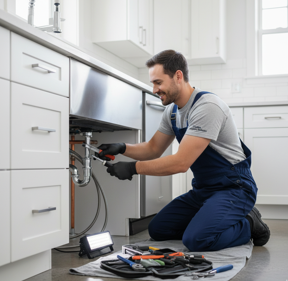 Professional plumber working on pipes in Aurora